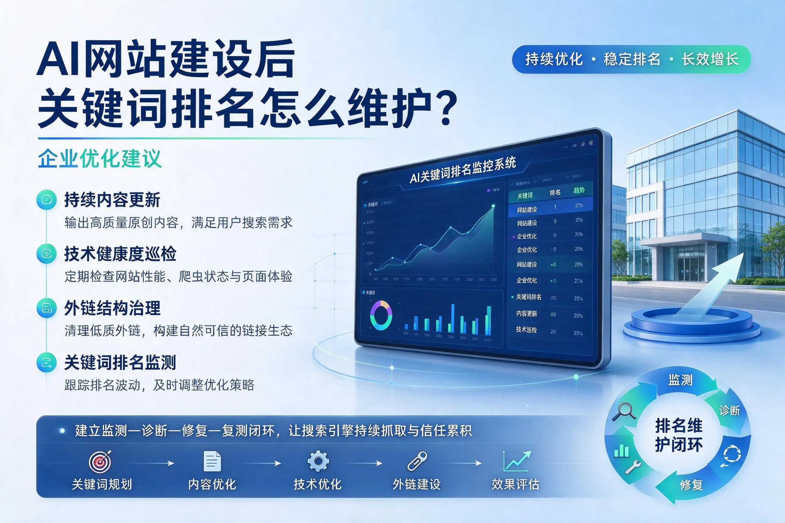 AI网站建设后关键词排名怎么维护？淮安企业优化建议