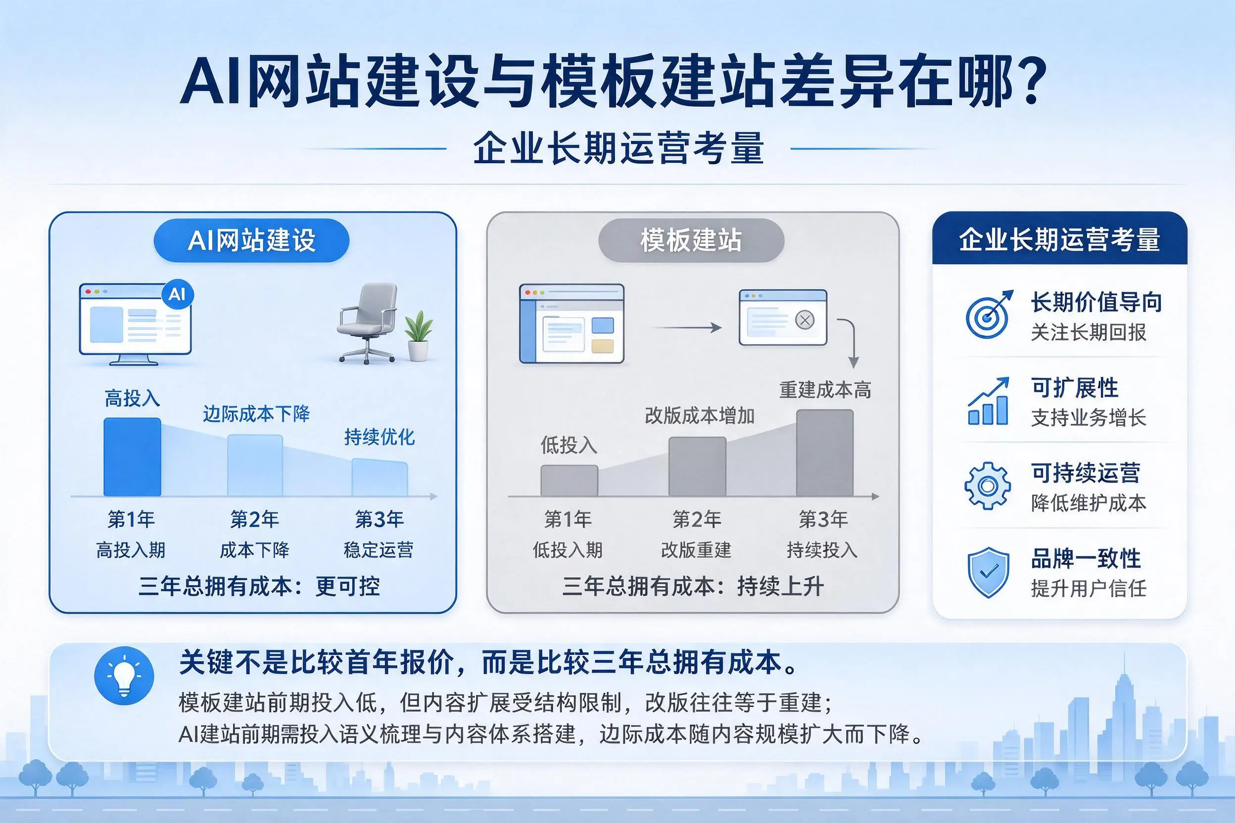 AI网站建设与模板建站差异在哪?淮安企业长期运营考量
