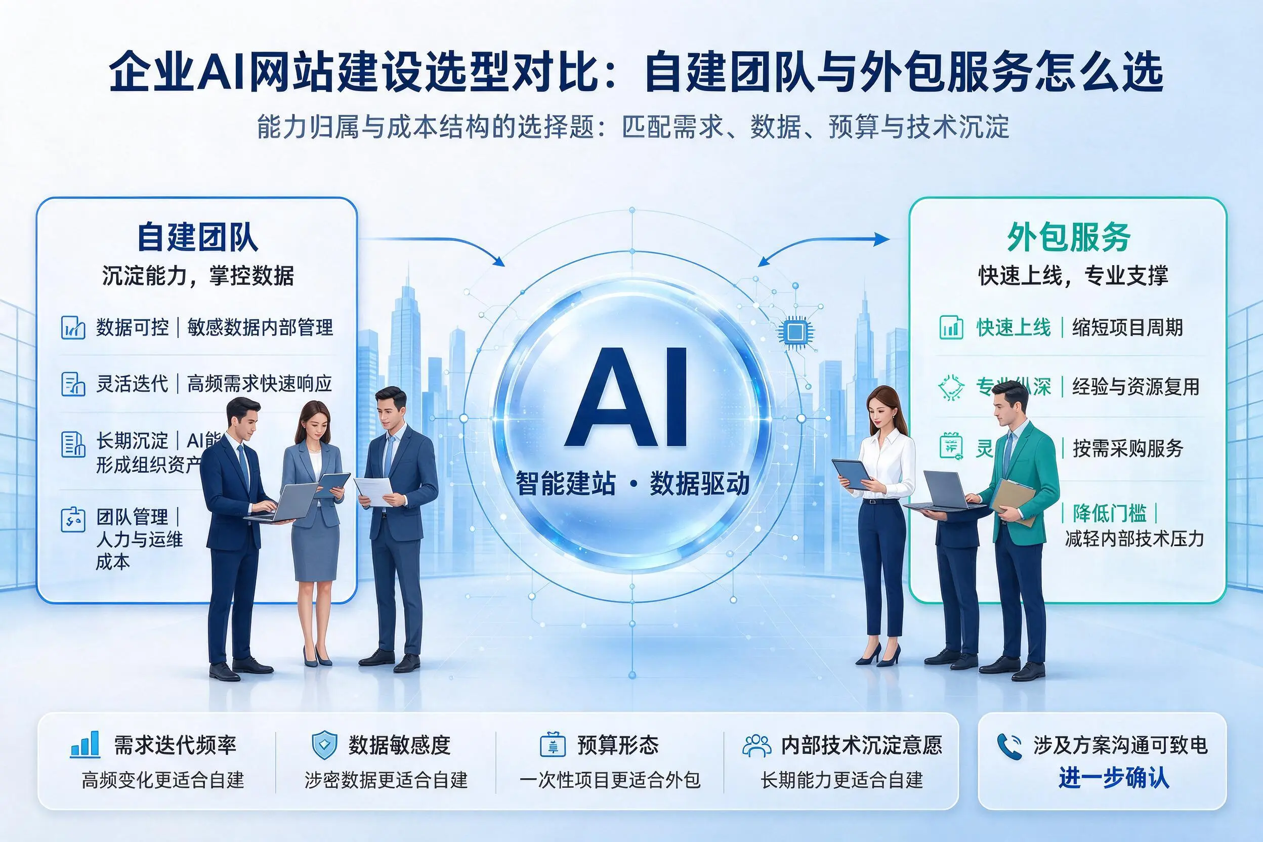 淮安企业AI网站建设选型对比：自建团队与外包服务怎么选